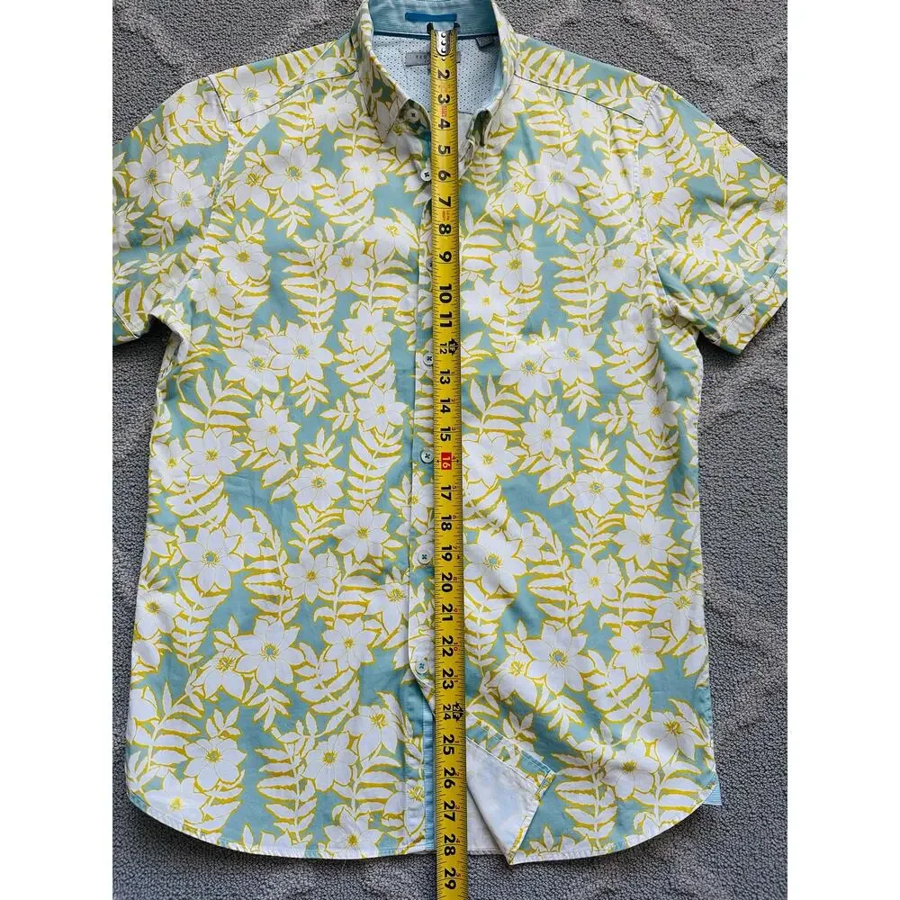 Ted Baker Floral Tropical Button Up Shirt Mint Blue White Yellow Size 3 M